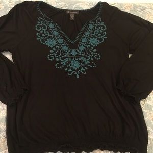 I.N.C. Boho top black w/teal embroidery